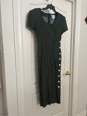 Green Polka Dot Maxi Dress with Side Buttons